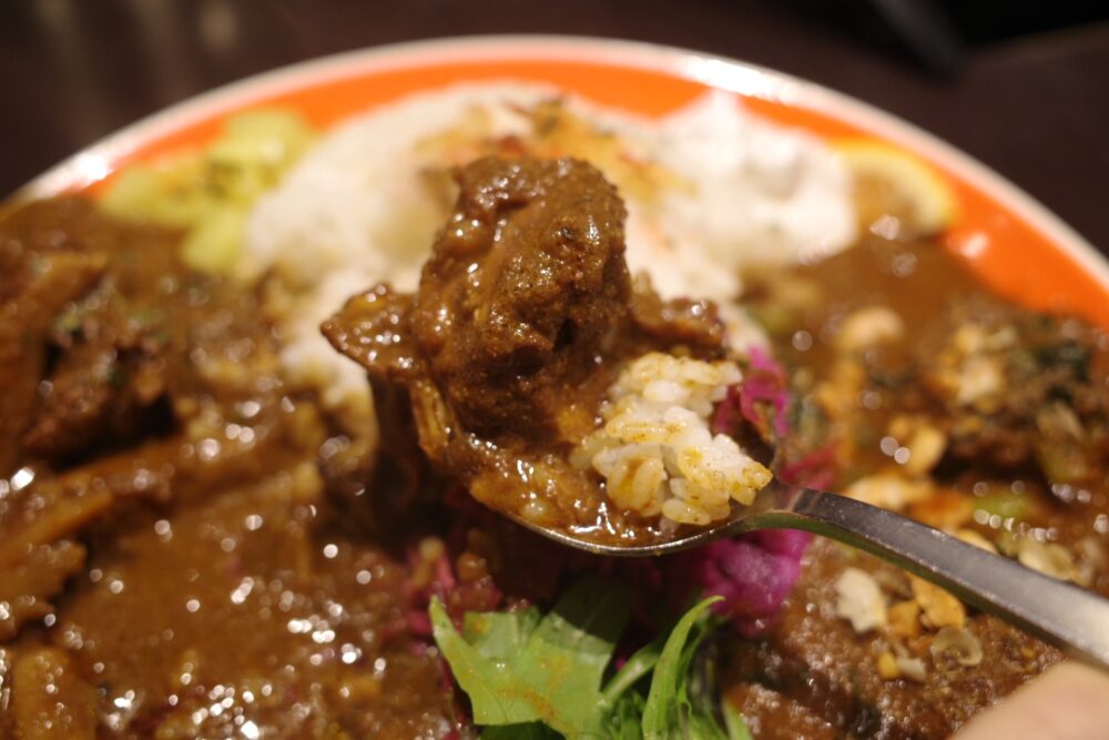 一口のミックスきのことチキンとスターアニスのカレー